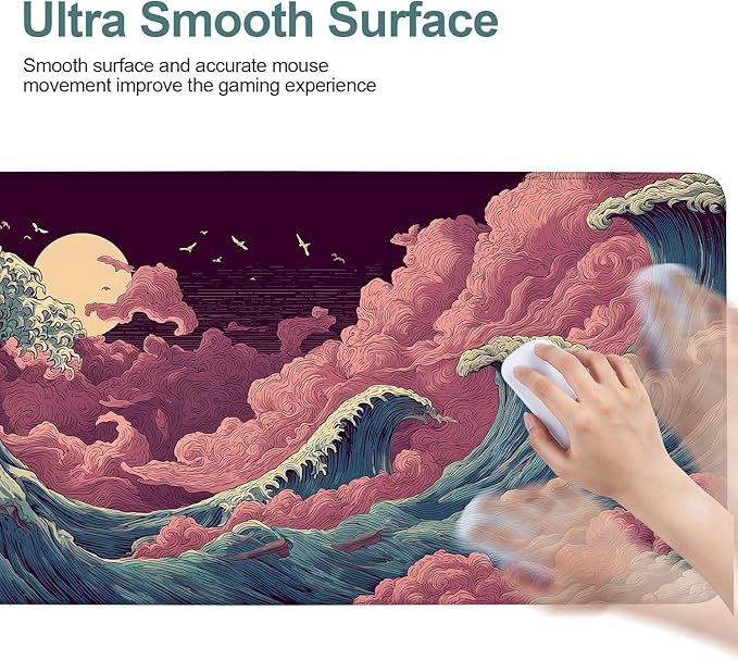 Japanese Great Wave XXL Extended Gaming Mouse Pad 35.4 x 15.7 Inch – Large Non-Slip Desk Mat with Smooth Cloth Surface, Stitched Edges, Ocean Wave Design for Gaming and Office