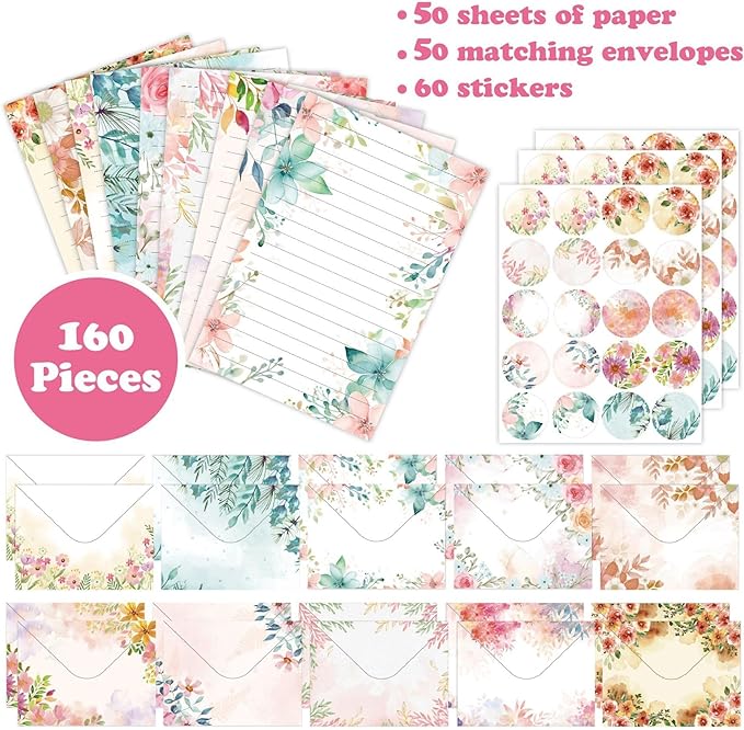 160 Packs Lined Stationery Paper Set (50 Single-Sided Stationery Writing Papers 50 Matching Envelopes) 60 Round Dot Sticker, 10 Designs Vintage Stationary Paper Kit,5.5 x 8.25 Inch. (Vintage Flower)