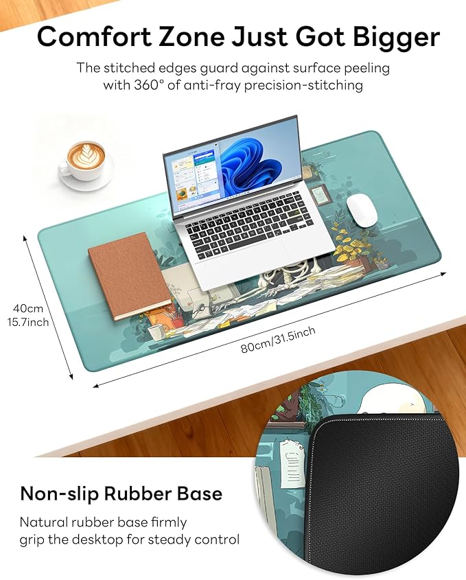 XL Gaming Mouse Pad, 31.5x17.5'' Large Desk Mat with Anti-Slip Rubber Base & Stitched Edges for Gaming, Office, Home - Office Skeleton