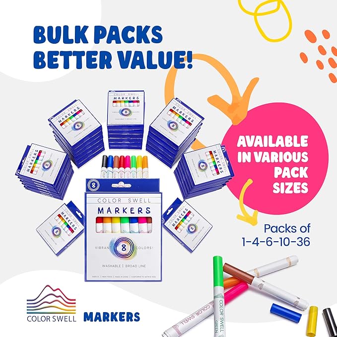 Color Swell 8-Pack Broad Line Markers – Washable, Non-Toxic, Ideal for Kids, Students, Adults, and Classroom Activities
