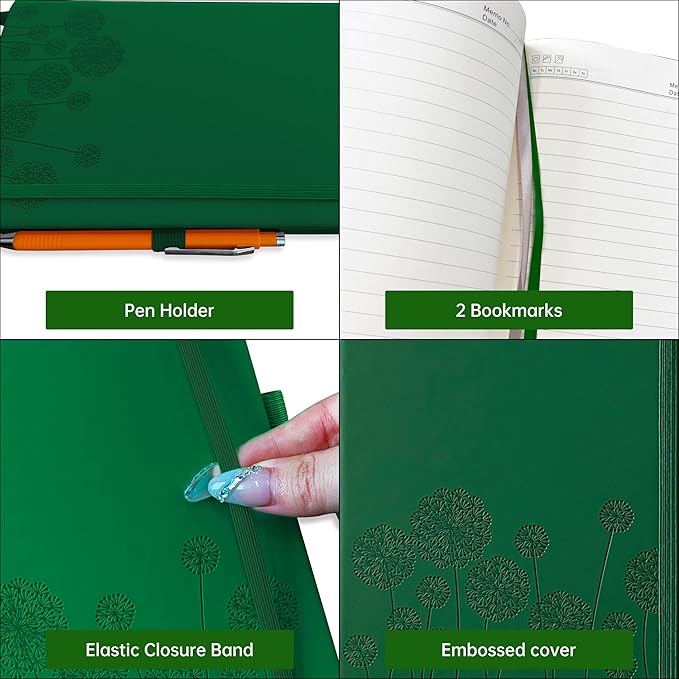 Notebook Journal for Women,A5 Hardcover Leather Journaling Notebooks for Work,200 Pages Travel Journal for Women Men with Pen Holder and Ribbon,5.78"×8.34"(Green)