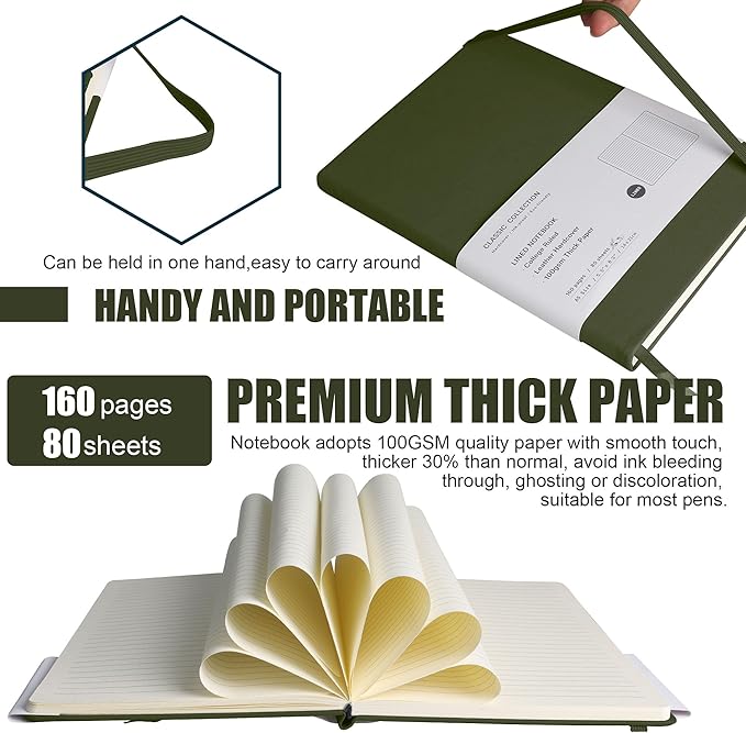 Lined Journal Notebook – Hardcover Notebook for Men & Women – Journals for Writing, Work, School, Home & Daily Notes, 160 Pages – Medium A5, 5.7"x8", 100 gsm Thick Paper (Olive Green)