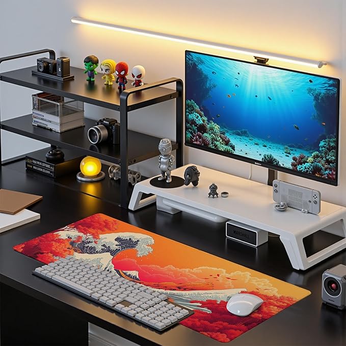 Japanese Sea Wave Mouse Pad Red Desk Mat XL Mouse Gaming Pads, Sea Keyboard Pads Extra Large Desktop Computer Mats with Non-Slip Base & Stitched Edges, Vintage Office Decor 31.5x11.8