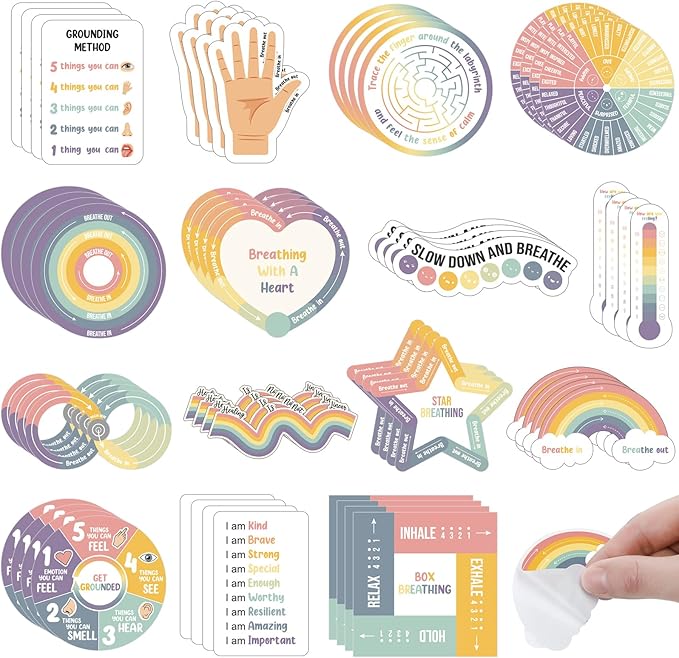 Tenceur 60 Pcs Adhesives Sensory Stickers with Inspirational Quotes Mindfulness Relief Anti Stress Items School Counselor Supplies Textured Strips for Adult Teen(Boho Color)
