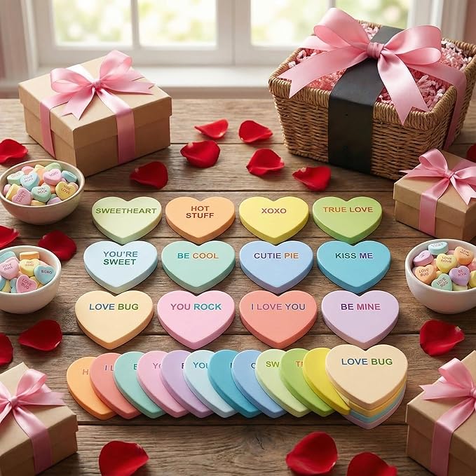 Teling 24 Pack Valentine's Day Sticky Notes Heart Shape Sticky Notes 3 x 3 Inch Love Theme Notepads Bulk Cute Memo Pads for Galentines Party Gifts School Office Supplies (Pastel)