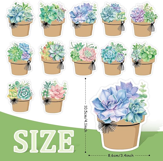 Whaline 120Pcs Back to School Succulent Name Tags 12 Designs Potted Succulent Nameplate Sticekrs Classroom Bulletin Board Decoration Label Stickers for Office School Desk Wall Message Board, 20 Sheet