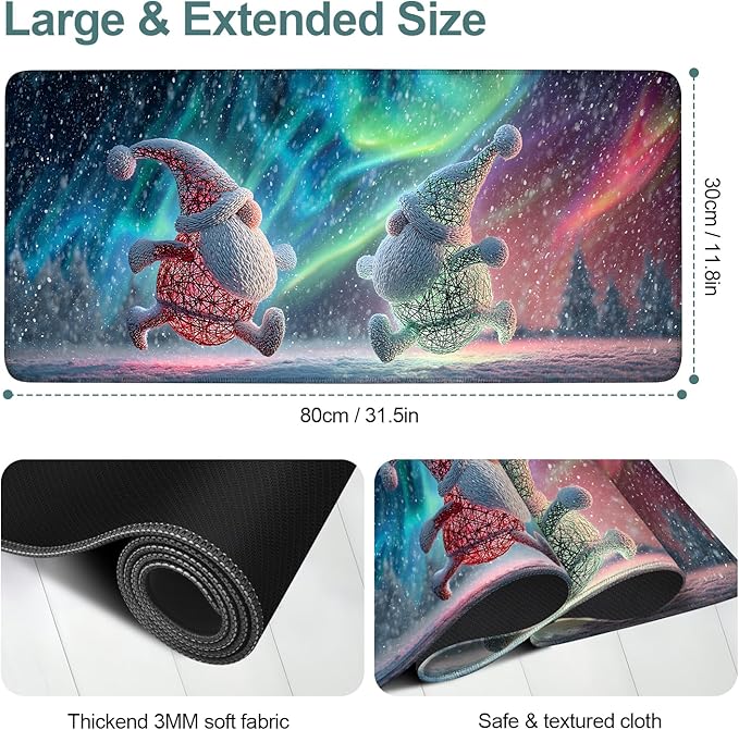 Gnome Christmas Extended Mouse Pad XL 31.5"x11.8" – Festive Holiday Desk Mat – Non-Slip Rubber Base, Stitched Edges