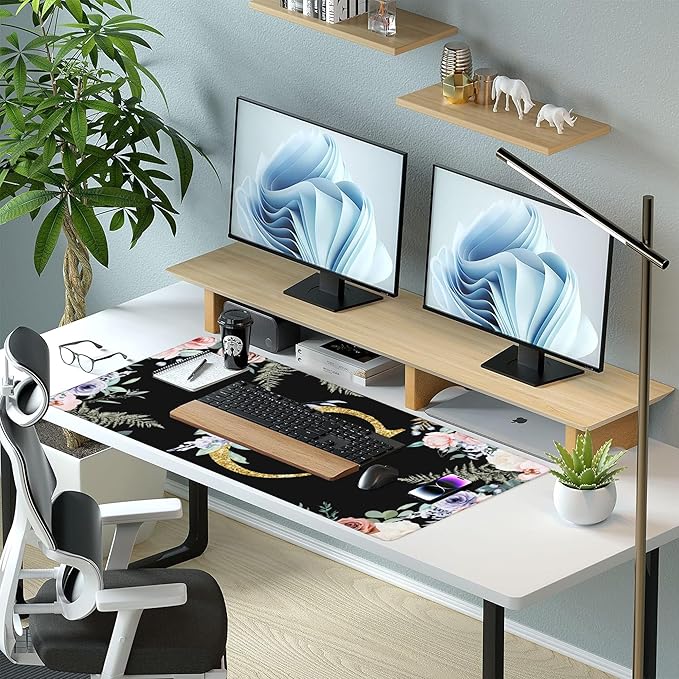 Desk Mat, Flower Golden Letters C Extended Gaming Mouse Pad Large, 35.4"x15.7" Big Mouse Pad with Non-Slip Base and Stitched Edge, Long Computer Keyboard Mouse Mat for Home Office Work