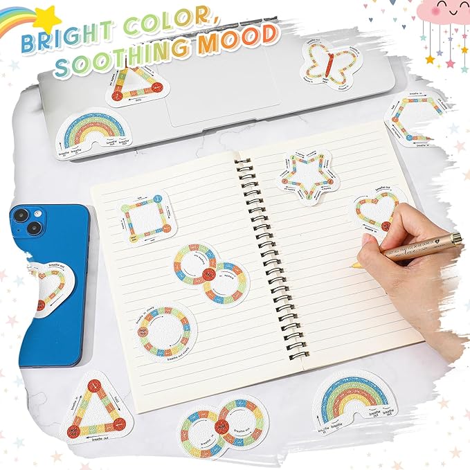 36 Pcs Anxiety Sensory Stickers Strips Adhesive Textured Mental Health Calm Stickers Mindfulness Fidget Decals Stress Anxiety Relief Items for Therapy Office Desk(Retro Breath Style)