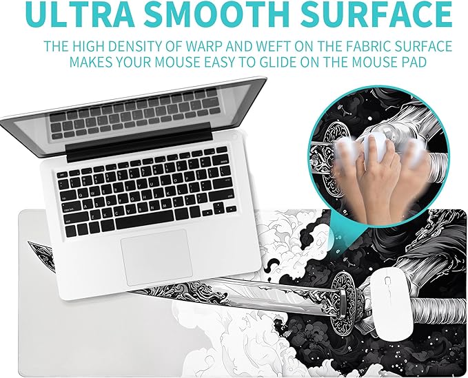 Katana Gaming Mouse Pad 31.5x11.8 Inch Large Black Long Extended Pads Big Mousepad Large Non-Slip Rubber Base Waterproof Big Keyboard Mat with Stitched Edges for PC Computer Laptop and Office