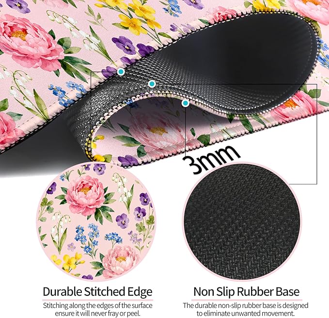 Pink Peony Flowers XL Large Desk Mat, Extended Long Pretty Floral Aesthetics Desk Pad for Gaming and Office, Non-Slip Rubber Base, Comfortable Surface Mouse Pad, 31.5x11.8 in (H12)