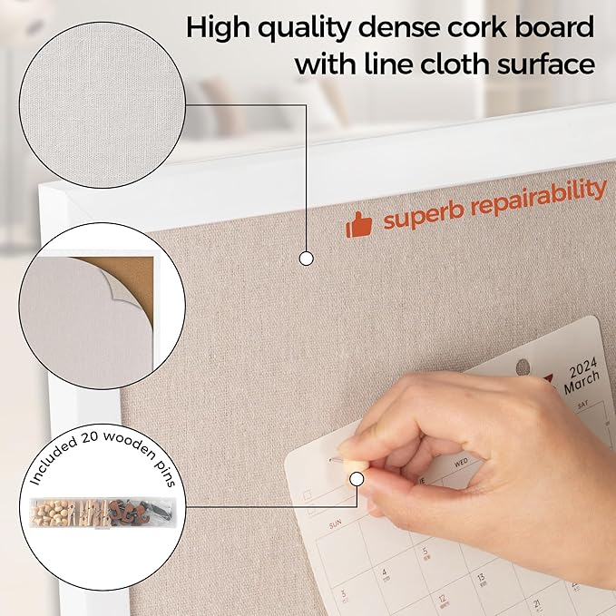 Fun Memories Cork Board Bulletin Board for Office, 24" x 36" Pine Wooden Framed Corkboard, Wall Mounted Notice Pin Board for School Home & Office, White