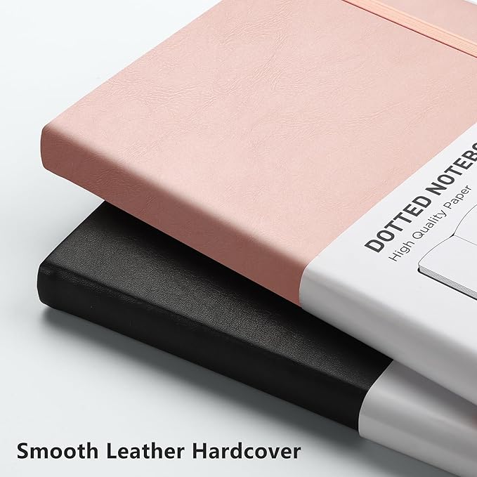 RETTACY Dotted Journal Notebook, 192 Pages, A5 Medium Size (5.7'' x 8.3''), Leather Hardcover, 100 GSM Thick Paper, for Bullet Journaling, Planning, Tracking (Rose Gold)