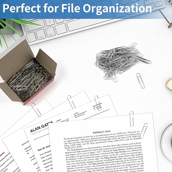 800 Pcs Medium Paper Clips,#1 Smooth Paperclips for Home, School and Office Use,1-2/7 "Rustproof Metal Silver Paper Clips,8 Boxes of 100 Each, 1.3 inch