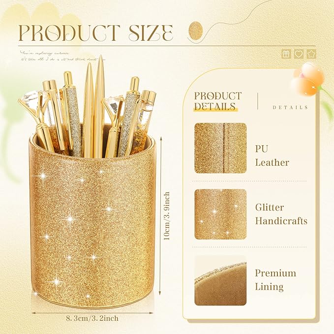 Sabary 8 Pcs Gold Pens with Pen Holder for Desk Glitter Crystal Diamond Cute Ballpoint Fancy Pencil Holder Bling Desk Organizer for Women Girls Gifts School Office Christmas New Year Supplies