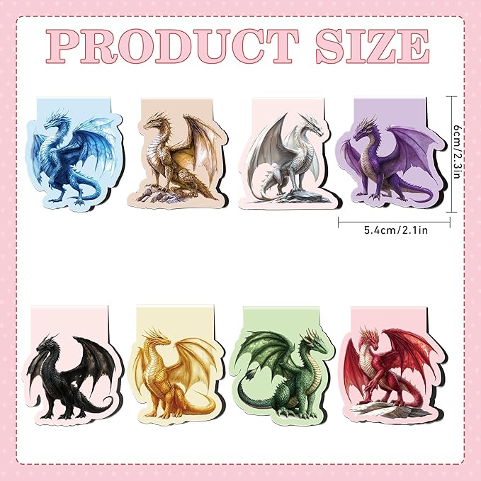 Cool Dragon Magnetic Bookmarks, 8 Pcs Fantasy Power Dragon with Wings Magnet Page Markers Unique Book Clips for Reading, Gifts for Men Boys Book Lovers Students Teachers Office School