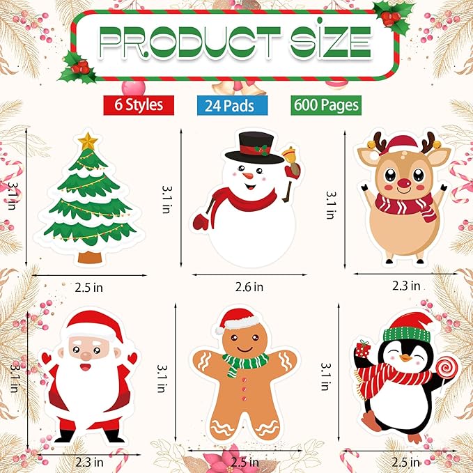 600Pcs Christmas Sticky Notes, Self-Adhesive Christmas Notepads Cute Snowman Gingerbread Man Memo Notes Christmas Characters Notepads for Winter Xmas Party Favor Office Home School Supplies
