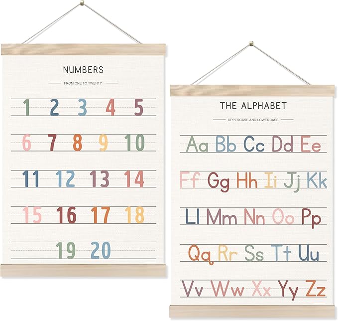 Koesus Numbers and Alphabet Wall Art Poster Hanger Frame 12x16 Inch Set of 2, Educational Learning Canvas Pictures Prints Framed Wall Decor for Classroom Toddler Kids Nursery Bedroom Playroom