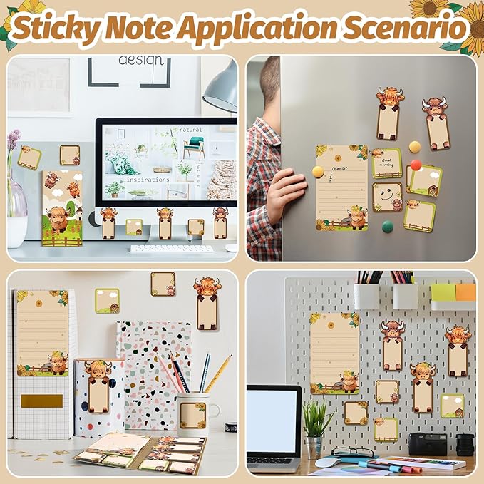 Highland Cow Sticky Notes Set Gifts for Women 8 Pack Cute Animals Decoration Office Desk Accessories for Christmas Home Students Teacher School Supplies