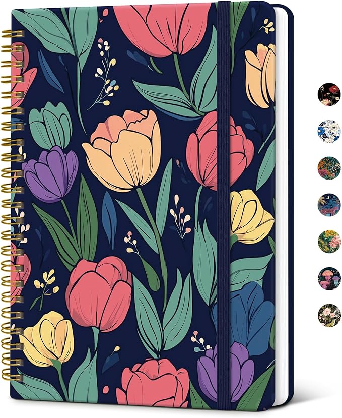 Taja Spiral Journal Notebook for Women, Pretty Hardcover Lined Notebook for Work & Note Taking, Aesthetic Cute Journal for Writing, 140 Pages, 5.8"x8.3", Colorful Tulips