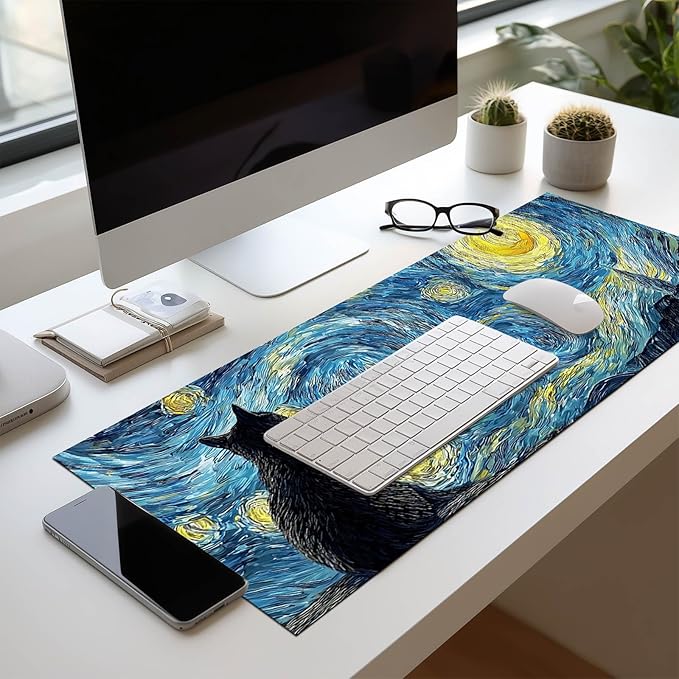 Black Cat XL Mouse Pad 31.5 x 11.8 Inch Gaming Mousepad Diatomite Large Keyboard Mouse Pad for Home and Office Desk Accessories with Night Sky Swirl Cat Silhouette Artwork