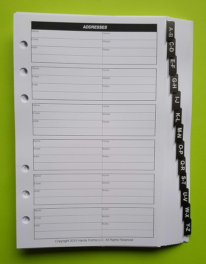 Classic Size Name & Address Refill, Sized and Punched with 7 Holes for 7-Ring Notebooks Such as Franklin, etc. (5.5" x 8.5")