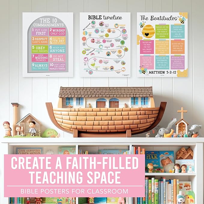 Hadley Designs Sunday School Decorations for Classroom – 9 Bible Posters for Kids, 11x14in Books of the Bible Poster, 10 Commandments, Fruits of the Spirit & More – Pastel Christian Classroom Decor