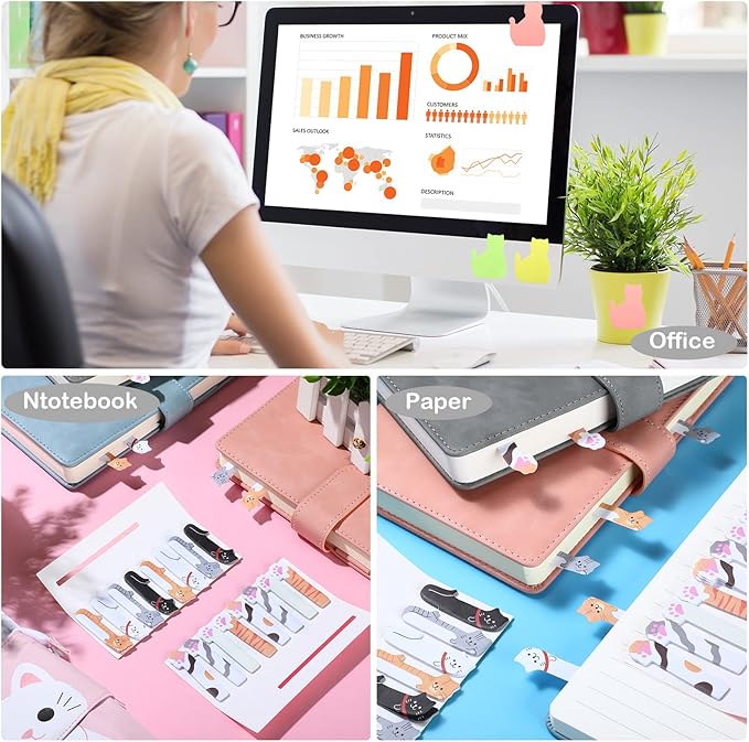 Outus Cat Office Supplies Cute Sticky Notes Paper Clips Gel Ink Pens Cartoon Stickers Party Favor for Cat Lovers Office Supplies(Vivid Style)