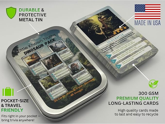 Dinosaur Trivia Flash Cards for Kids Ages 3+, Educational Dinosaur Learning Game, STEM Flash Cards in Metal Tin, Screen-Free Travel Toy