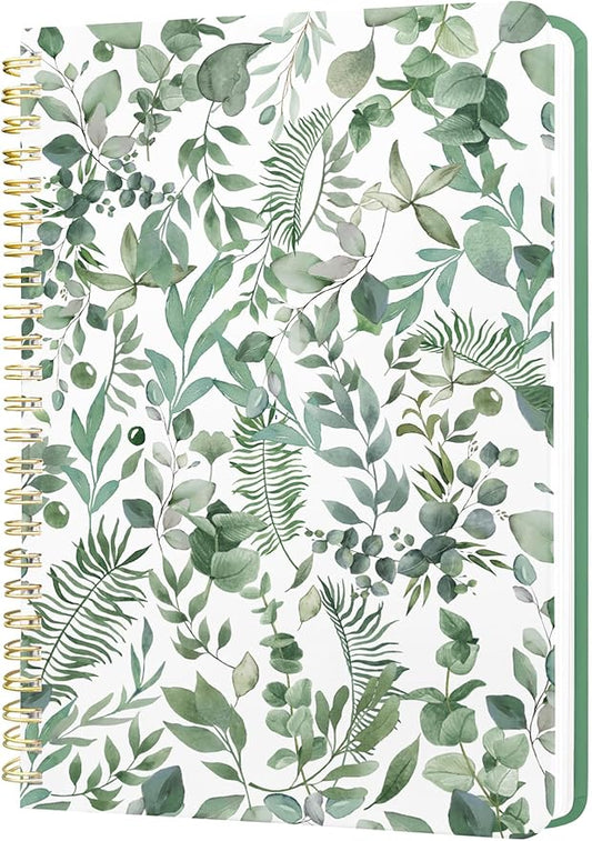 Stanoha Cute Spiral Notebook A5 Journal for Women Girls Kawaii Aesthetic Pretty Floral Design with Pocket, 8.5 x 5.7 inch, Graph, Green Leaves