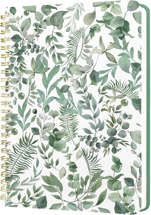 Stanoha Cute Spiral Notebook A5 Journal for Women Girls Kawaii Aesthetic Pretty Floral Design with Pocket, 8.5 x 5.7 inch, Line, Green Leaves
