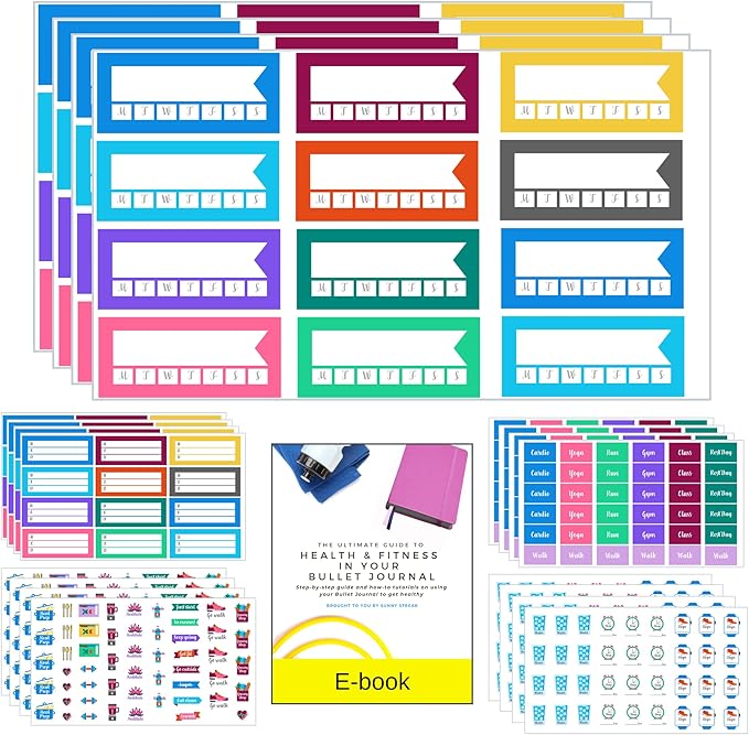 Health and Fitness Planner Stickers Set - Large Value Pack 20 Sticker Sheets - Health, Exercise, Weight Tracking and Meal Planning - Custom Design Accessories and Supplies for Bullet Dotted Journals
