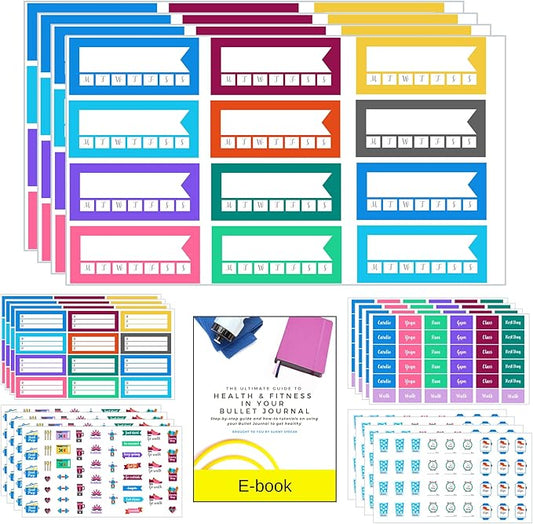 Health and Fitness Planner Stickers Set - Large Value Pack 20 Sticker Sheets - Health, Exercise, Weight Tracking and Meal Planning - Custom Design Accessories and Supplies for Bullet Dotted Journals