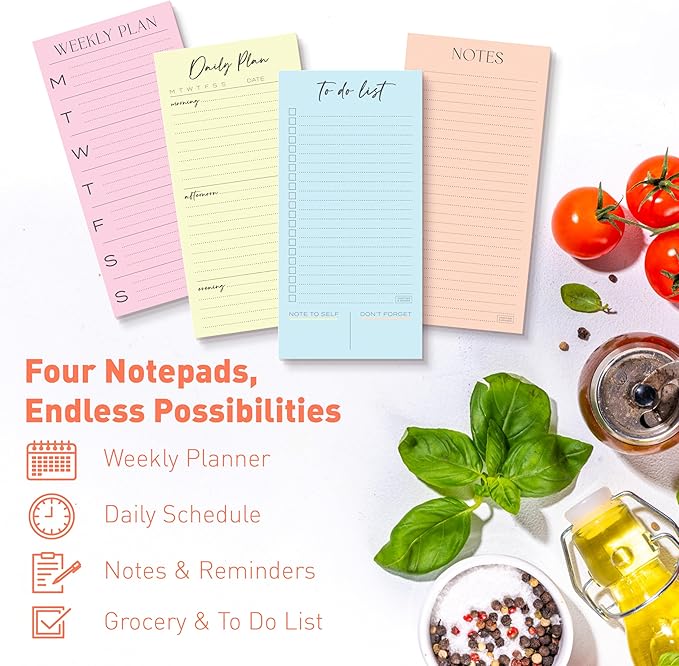 S&O Set of 4 Essential Refrigerator Notepads with Magnet - Grocery Schedule Holder Pad for Fridge - Weekly Magnetic To Do List for Adhesive - Cling Notebook Meal Planner - Attractive Shopping List Pad