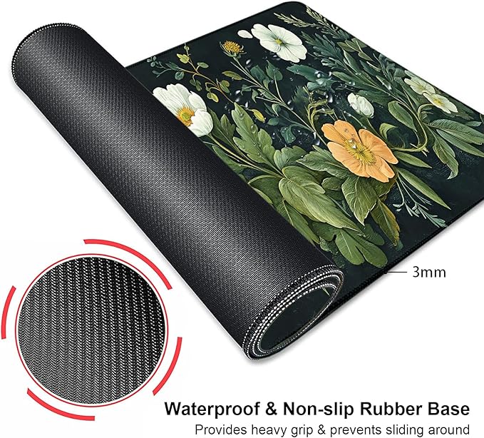 Vintage Wildflowers Flower Floral Large Mouse Pad, Desk Mat Computer Keyboard Pad Non-Slip Rubber Base Waterproof with Stitched Edges for Laptop Gaming, Office & Home 31.5 x 11.8 Inch