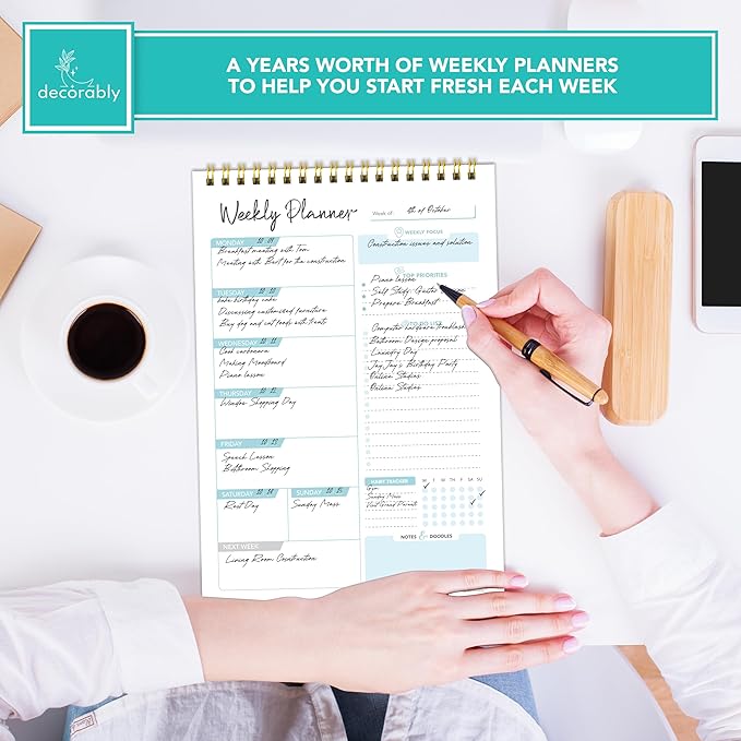 Decorably 52 Sheets Blue Undated Weekly Planner Notepad Small - 6.5x10in Spring-Bound, Easy Tear-Off Design, with Focus, Priorities, to-do List, Habit Tracker, Notes and Doodles - Home, School, Office