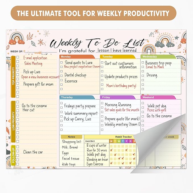 Weekly Planning To-Do-List Pad, 52 Undated Sheets for Daily To-Do Lists, Habit Tracking, Academic Scheduling, and Productivity Goals - Perfect for Work, Home, and Office Organization 8.5x11 inches