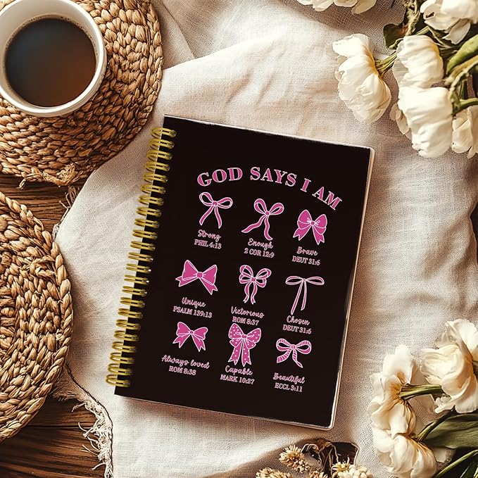 THDSE Bible Journal for Women, Christian Prayer Journal Notebook Gifts for Teen Girls Kids, Bible Study Supplies, Cute Bows Church Faith Journaling Hardcover Spiral Notebook 5.5 X 8.3(Black Pink)