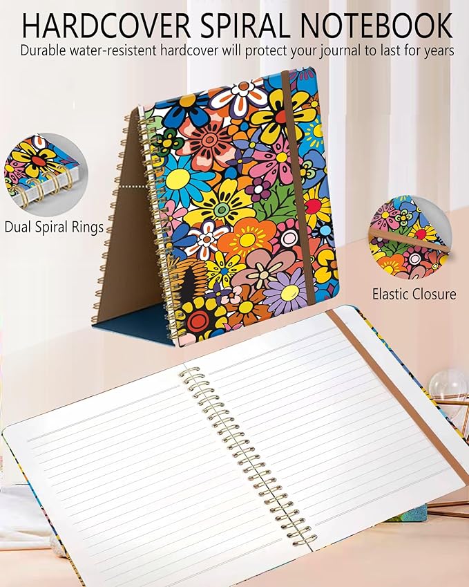 Spiral Journal Notebook, A5 Cute Notebooks for Women Men, College Ruled Hardcover Notebook for Work & Note Taking, 60 Pages Double-Wire Journals for Writing, Cute Colorful Boho Flowers
