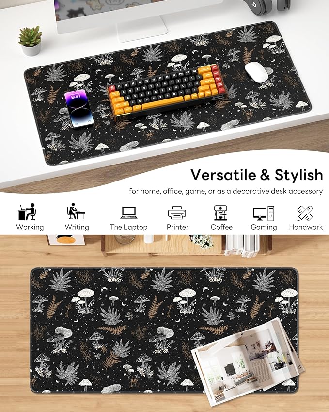 XL Gaming Mouse Pad, 31.5x17.5'' Large Desk Mat with Anti-Slip Rubber Base & Stitched Edges for Gaming, Office, Home - Black Art