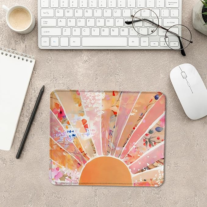 Modern Horizontal Boho Orange Sun floral Mouse Pad,Abstract Watercolor Sunrise Mouse Pads Mousepad for Desk Home Office Dorm Computers Laptop, Boho Office Supplies Desk Accessories, 9.5x7.9 Inch