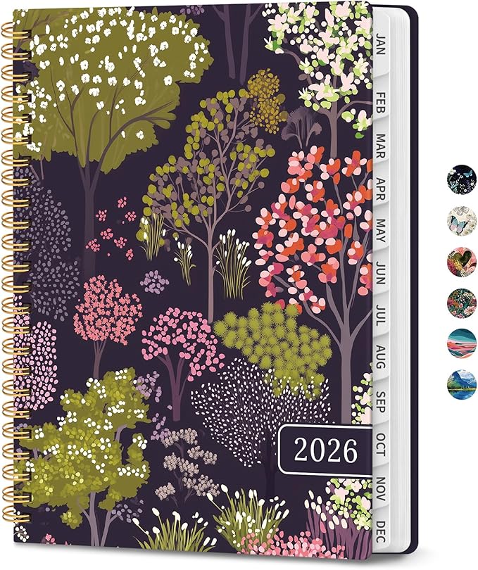 2026 Planner, Weekly and Monthly Planner for Women, January 2026 to December 2026, Pretty Hardcover 2026 Calendar Planner Book with Tabs, Inner Pocket, Spiral Bound, Perfect Office Home School Supplies - 6.3" x 8.5", Colorful Grove