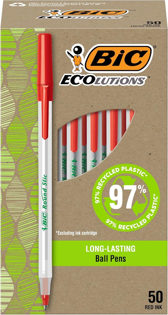 BIC Ecolutions Round Stic Ballpoint Pens, Medium Point (1.0mm), 50-Count Pack, Red Ink Pens Made from 97% Recycled Plastic