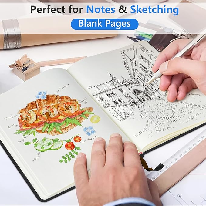 Blank Journal Ntebook for Men & Women, 160 Pages Blank Journals for Writing, Drawing,Sketch Book,5.9" x 8.5" Leather Sketchbook, Unlined Notebook for Work, School, Art (Black)
