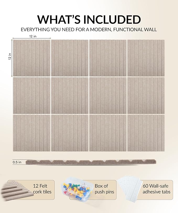Large Felt Bulletin Board 48" x 36" with Push PINS & Wall Safe Adhesive Tabs – Modern Large Cork Board for Walls in Home or Office, Versatile Felt Board Layout, Cork Board, Vision Board, Dream Board