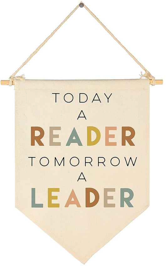 Today A Reader Tomorrow A Leader-Reading Corner Banner-Reading Center Decor-Playroom Classroom Reading Decor-Canvas Hanging Pennant Flag Banner Wall Sign Gift-Birthday Christmas Gift