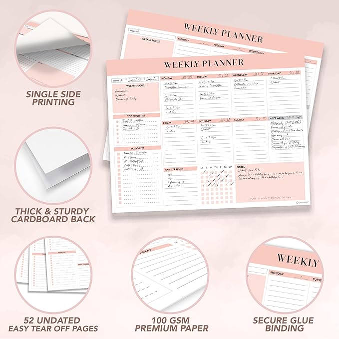 Decorably 52 Sheets Nude Pink Undated Weekly Planner Notepad Tear Off, 11x8.5in Weekly to Do List Notepad Tear Off for Focus, Priorities, To-Do List, Habit Tracker, Agenda, Notes