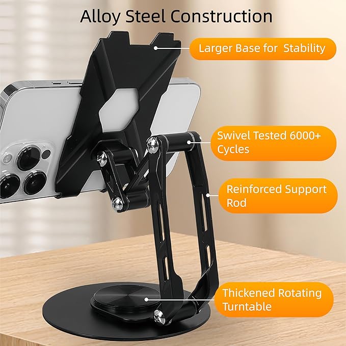 All-Metal Cell Phone Stand 360° Rotatable & Height Adjustable - 25KG Super Load-Bearing, Foldable Desk Stand for Phone & Tablet, Compatible with iPhone 17/16/15/14, Kindle eBook, Silver