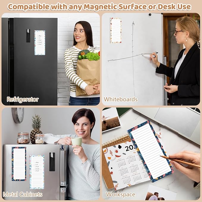 4 Pack Magnetic Note Pad for Fridge with Pen Holder, Totally 200 Sheets Magnetic To Do List, Shopping List, Grocery List, Memo Pads for Refrigerator（Floral Design）