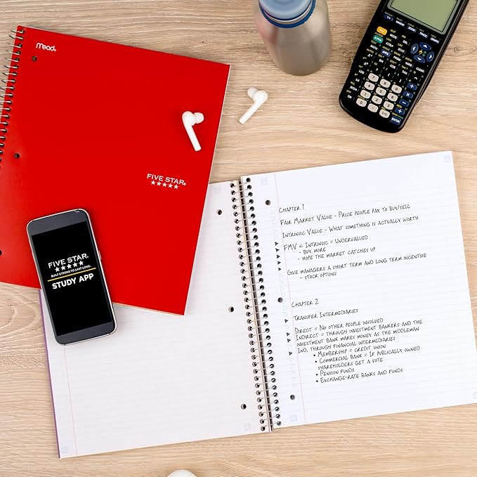 Five Star Spiral Notebook + Study App,5 Subject,College Ruled Paper,8-1/2" x 11",200 Sheets,Fights Ink Bleed,Water Resistant Cover,Fire Red (72077),(Pack of 6)